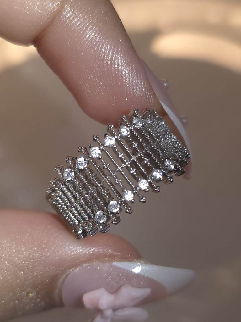 Stunning Silver Wide Statement Ring – Sparkly Multi-Row Crystal Band