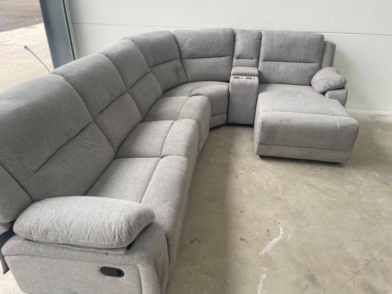 NEW Grey Fabric Corner Sofa with Recliner and Cupholders