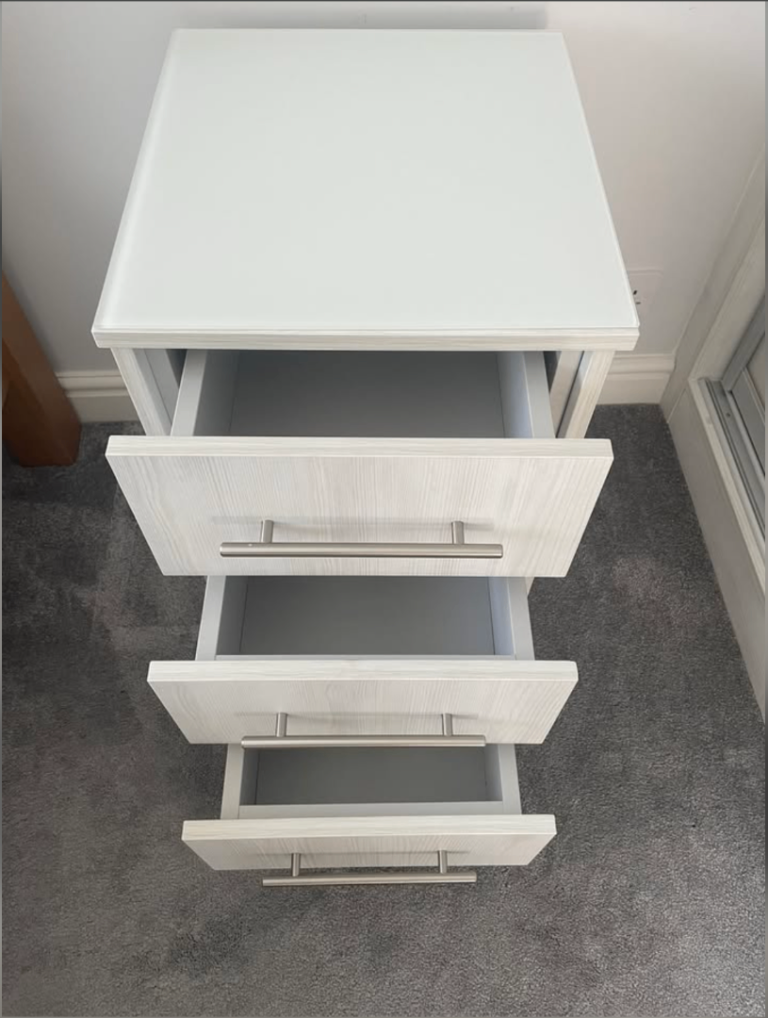 2 x Bedside Tables (Matching set), with 2 x white glass tops, 1 x Sturdy Bookshelf / Storage Unit.