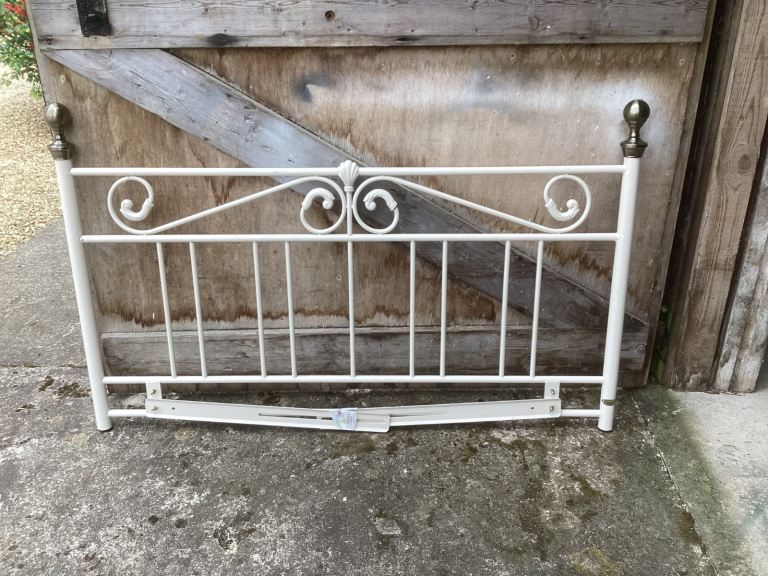 White Metal Double Bed Headboard with Brass-Style Finials, Good Condition