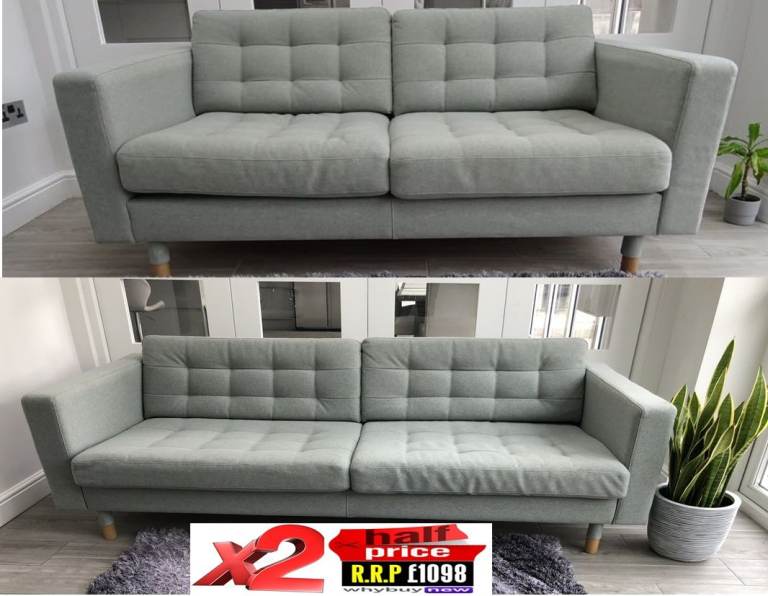 RRP:£1098 2x IKEA LANDSKRONA GREEN TWO & THREE SEAT SOFA SUITE LONDON DELIVERY(OFFICE CHESTERFIELD