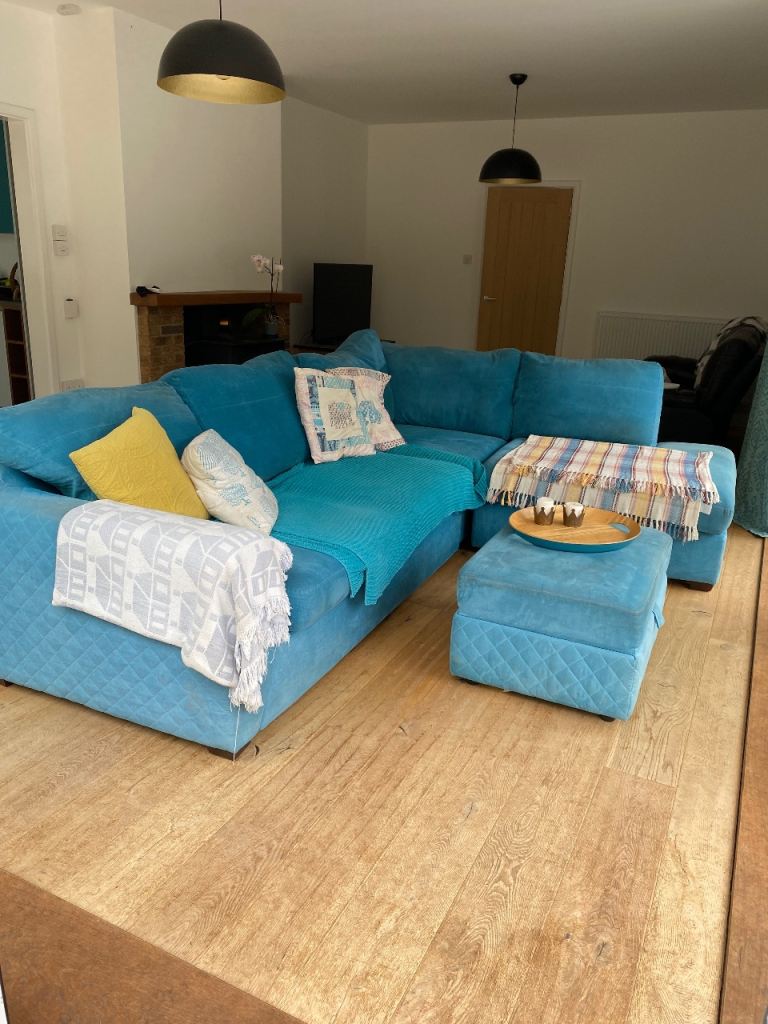 Large Blue Corner Sofa with Footstool – Good Condition