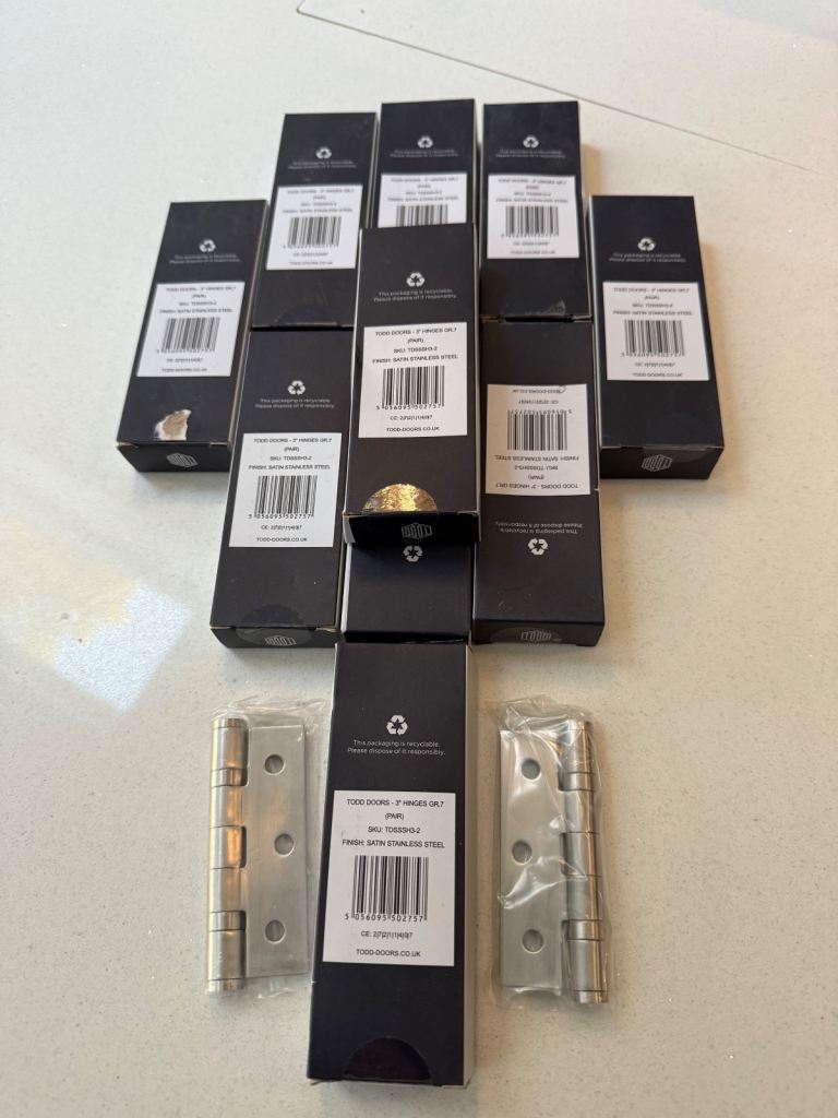 10 pairs of Todd Doors Satin Stainless Steel 3” hinges - brand new