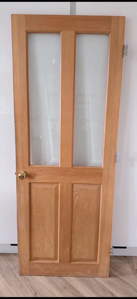 Solid Oak Internal Door with Glass Panels and Ironmongery
