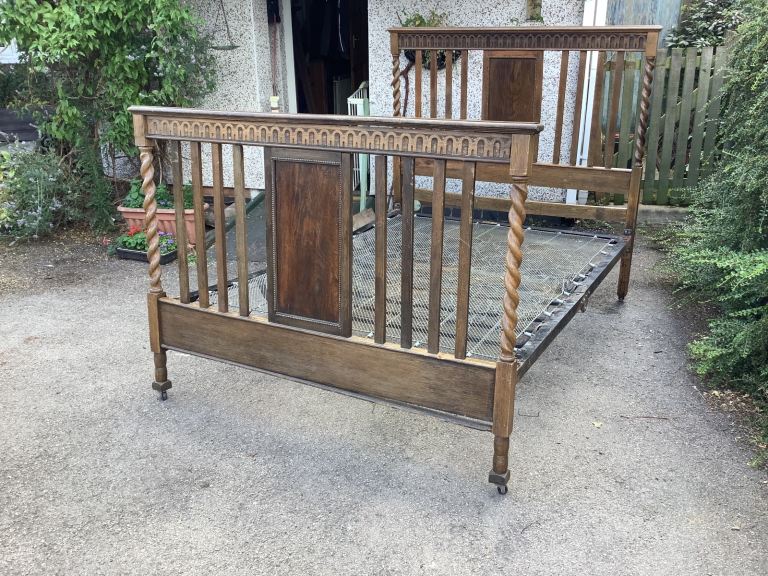 Vintage oak art - deco double vono bed with wheel castors and spring base mattress 