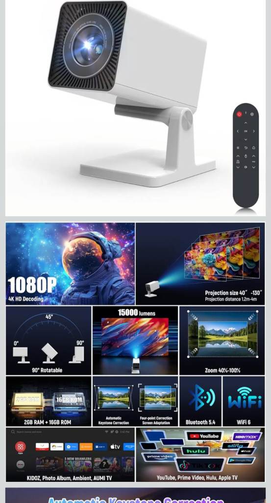 White Wireless Smart Projector with WiFi 6 and Bluetooth 5.0, and inbuilt speaker