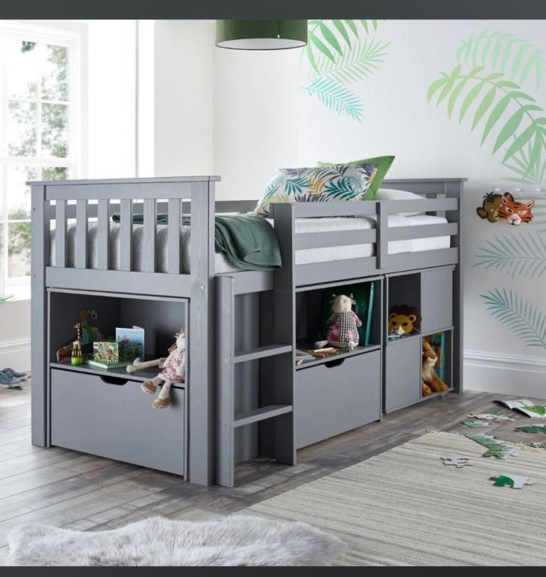 Kids grey mid sleeper with lots of storage 