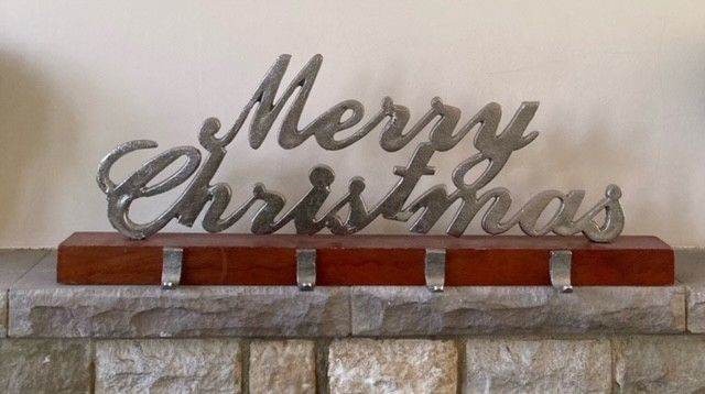 Merry Christmas Silver Stocking Sign with Hooks – Good Condition