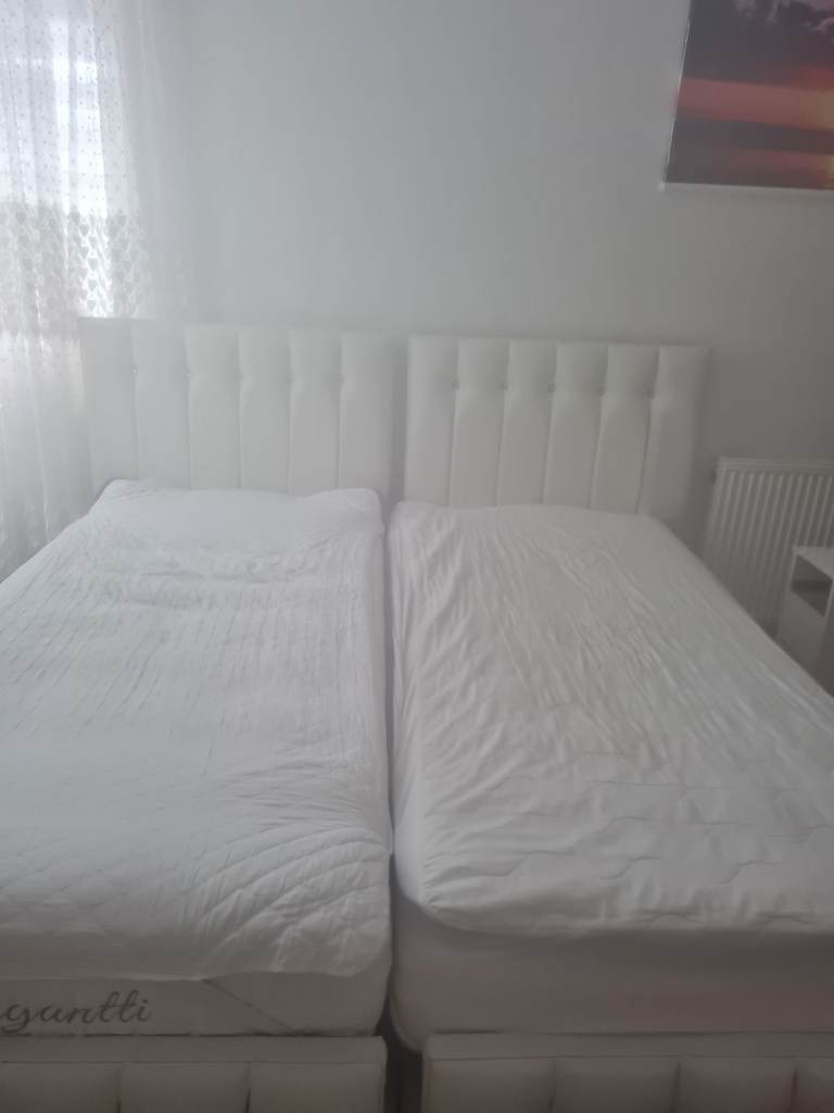 2 separate single beds with mattresses
