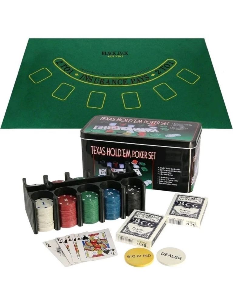 Texas Hold'em Poker Set 200pcs Casino Chips, 36"x24" Game Poker Mat, 2 Decks of