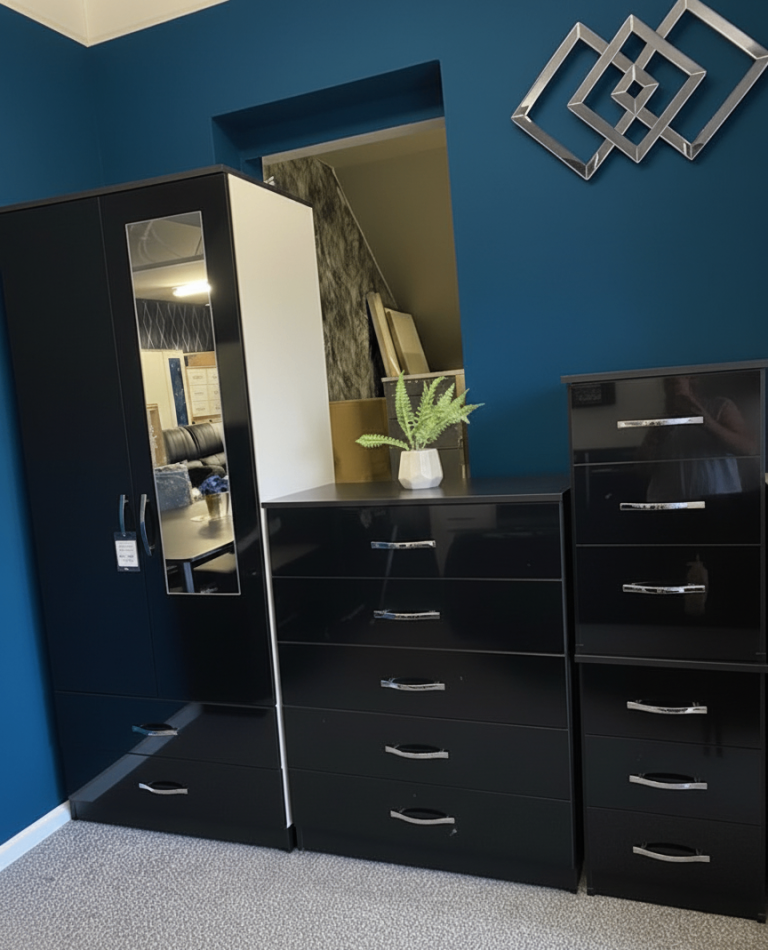 Modern 3-Piece Black Gloss Bedroom Set – Mirrored Wardrobe & Drawers – Pay On Arrival