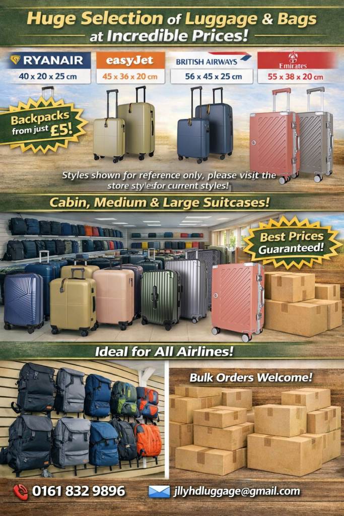 Suitcases & Luggage Manchester / Bury – Cabin from £10 | Sets from £35 | Shop & Wholesale
