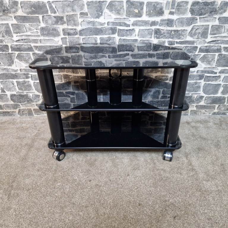 Small Black Glass TV Stand on Wheels