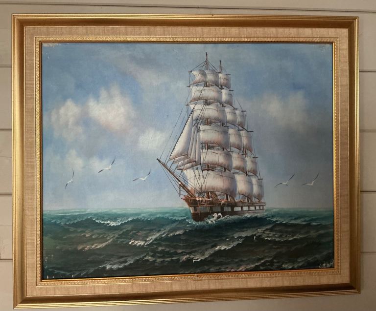 Large Framed Oil Painting of Sailing Ship – Good Condition
