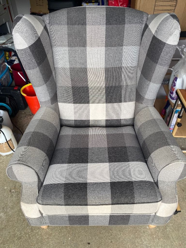 Wingback Armchair in Grey Plaid Fabric – As Good As New