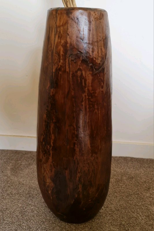 Large Vintage Primitive Hollowed Out Wooden Floor Standing Vase