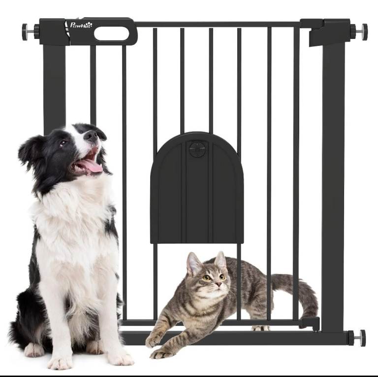 PawHut Pet Gate with Small Cat Door - Black, Adjustable Width