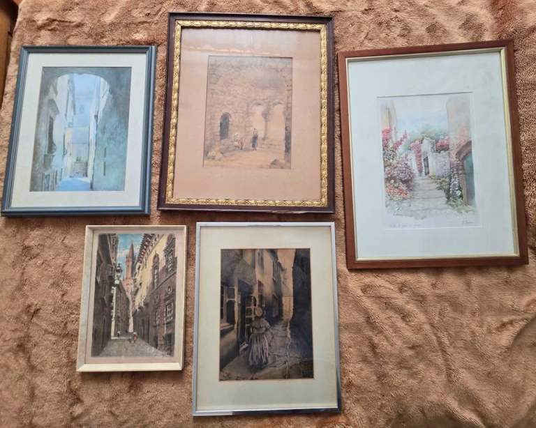 Collection of 5 Vintage & Antique Architectural Street Scene Artworks & Watercolours