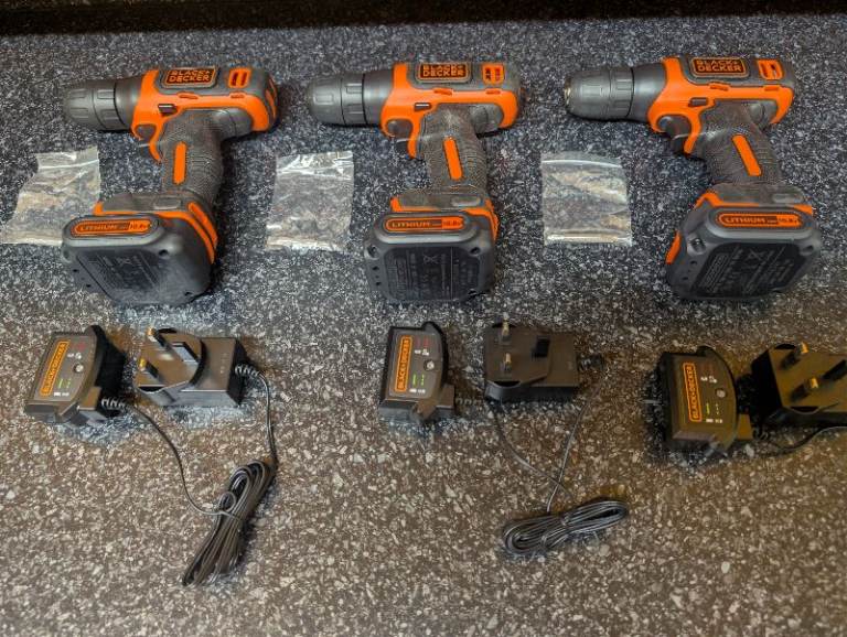 image for 3 x Black & Decker Cordless Drills, Batteries & Chargers. New Unused.