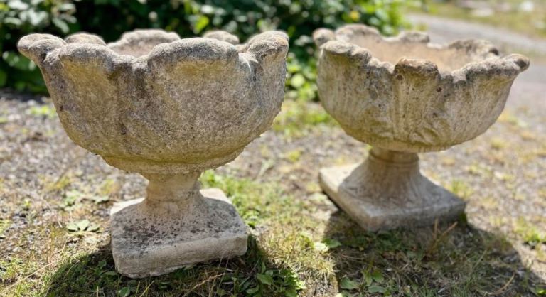 (A pair (2)Antique Stone carved, garden urn/planter/pot,