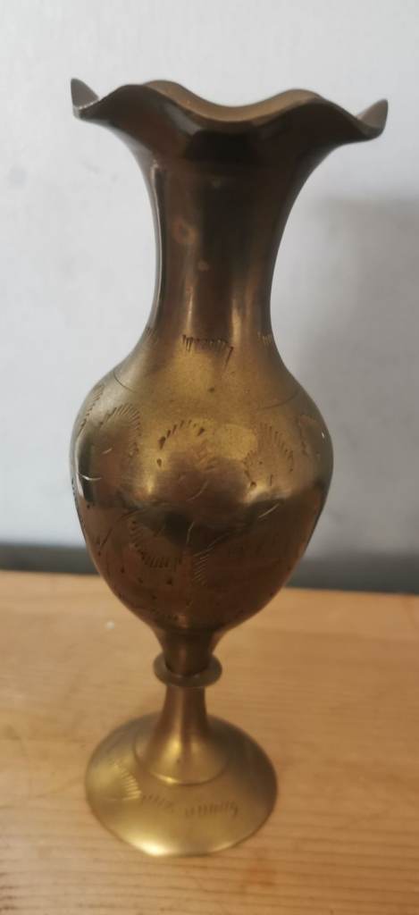 vintage etched Indian brass tulip vase