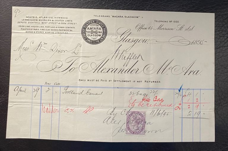 Vintage 1895 Scottish Receipt/Invoice - Glasgow
