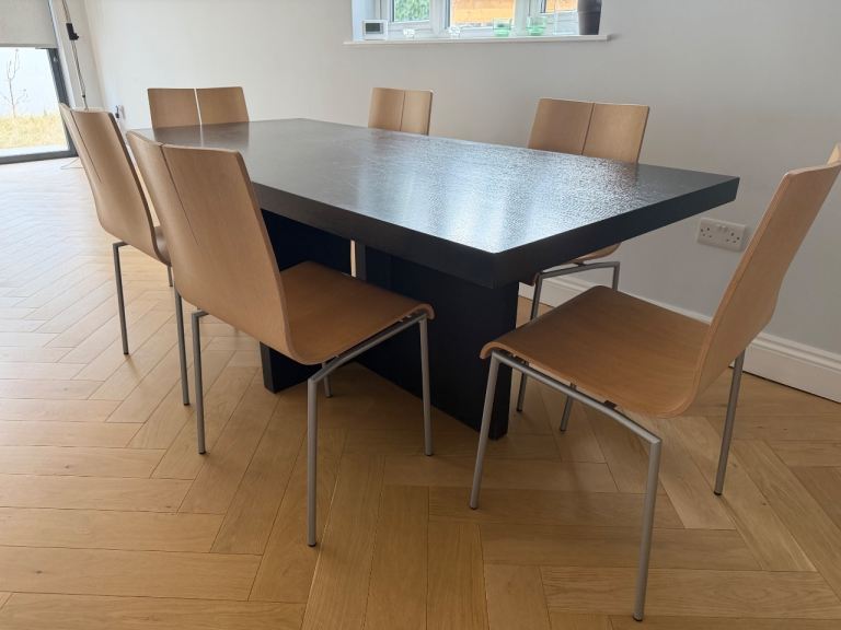 Dining Table with 6 Chairs – Black Table, Light Wood Chairs