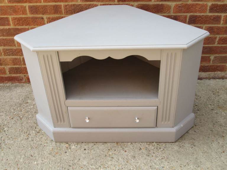 Decorated Grey Timber Corner TV Unit with Drawer and Shelf 