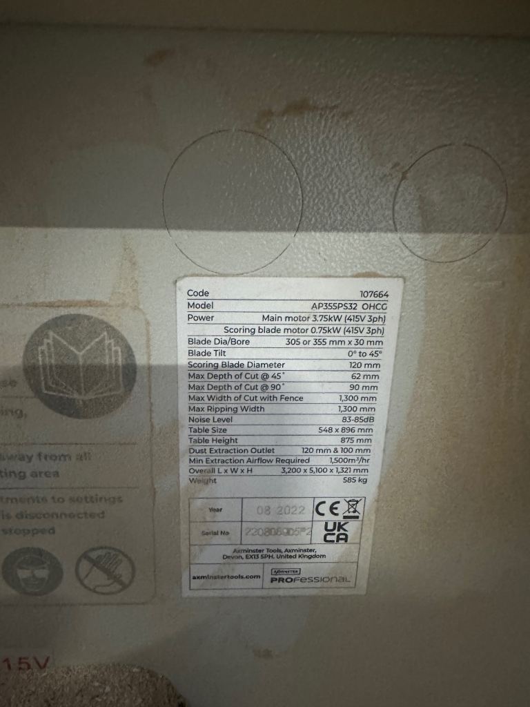 Axminster Professional AP355PS32 Panel Saw – Excellent Condition