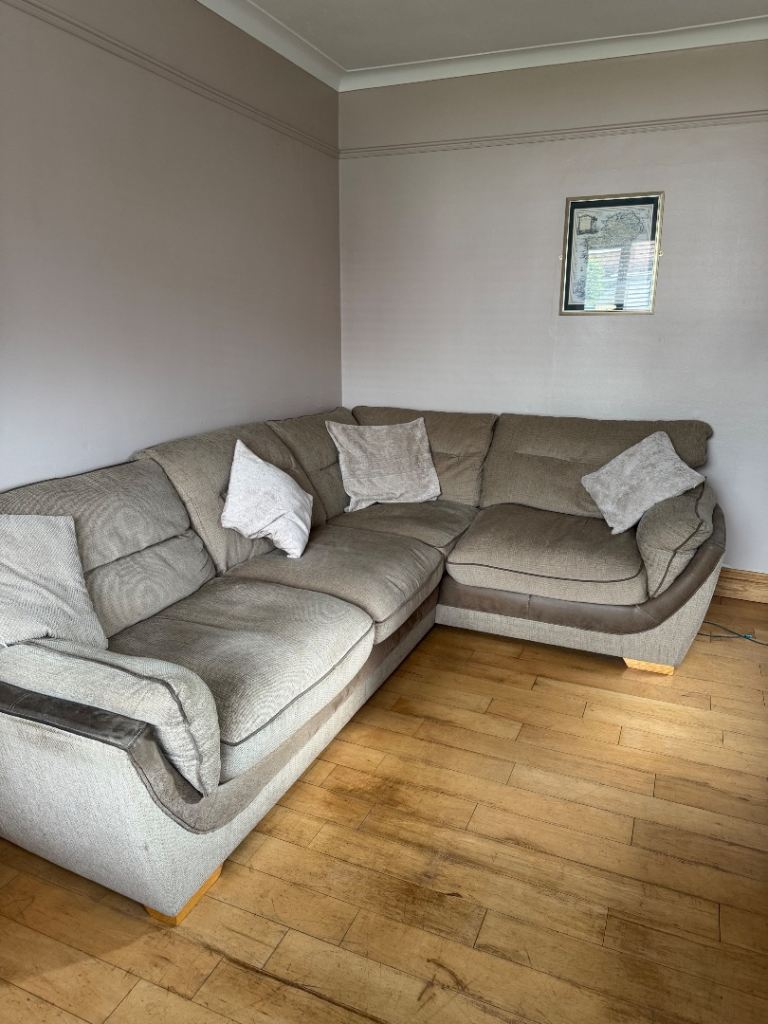 Corner Sofa and Armchair Set – Brown Fabric, Good Condition