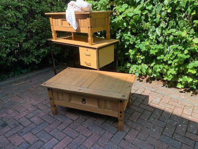 Two Solid Wood Coffee Tables and Desk with Drawer. Oxford.