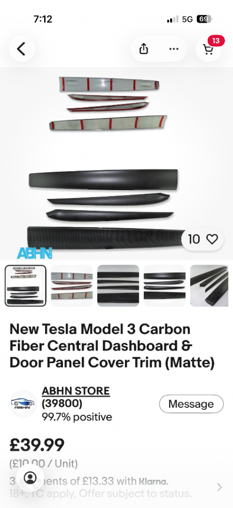 Tesla model 3 dashboard trim covers in carbon fibre look