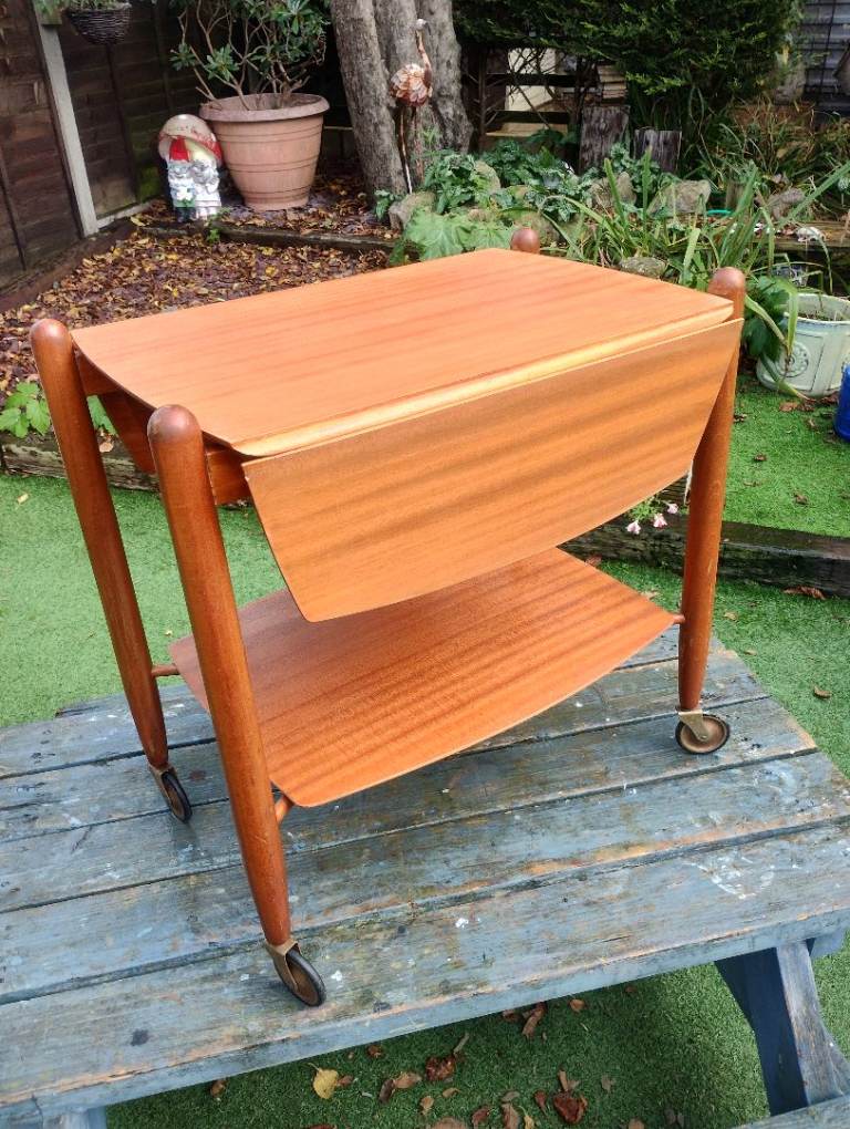 Vintage Vanson MCM Mid Century Teak Drop Leaf Table Tea Drinks Trolley