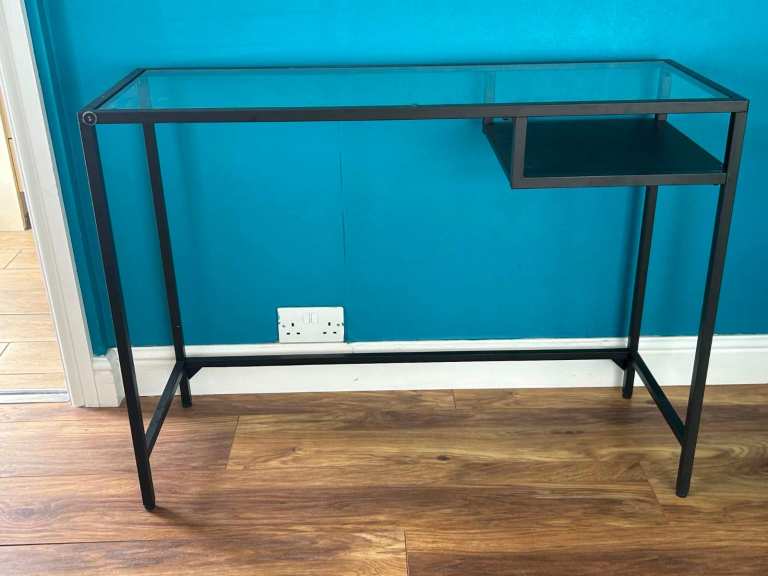 IKEA VITTSJO Black Metal and Glass Console Table with Shelf Desk 