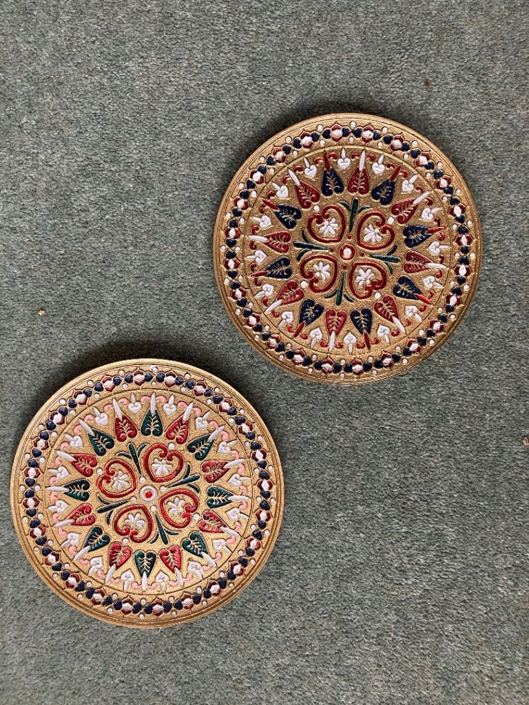 Pair of Decorative Brass Plates - Multicoloured, Good Condition