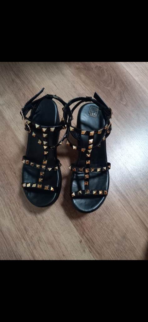 Ladies black and gold studded wedges