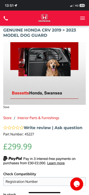 Honda CR-V 2019-2023 model Dog Guard Genuine Part