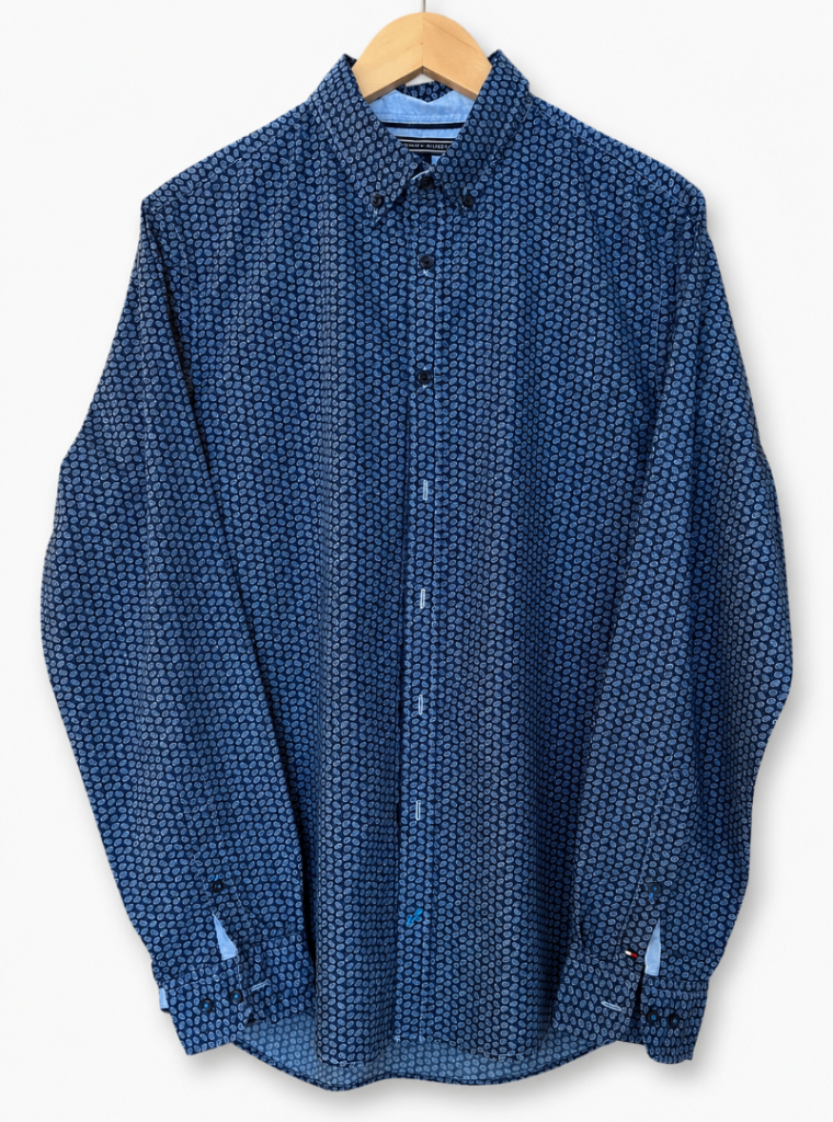 Tommy Hilfiger Mens Navy Blue Print Shirt Size Large Cotton Excellent Condition
