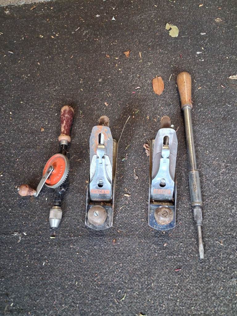 Vintage Hand Tools Bundle: Brace Drill, Wood Planes, Screwdriver