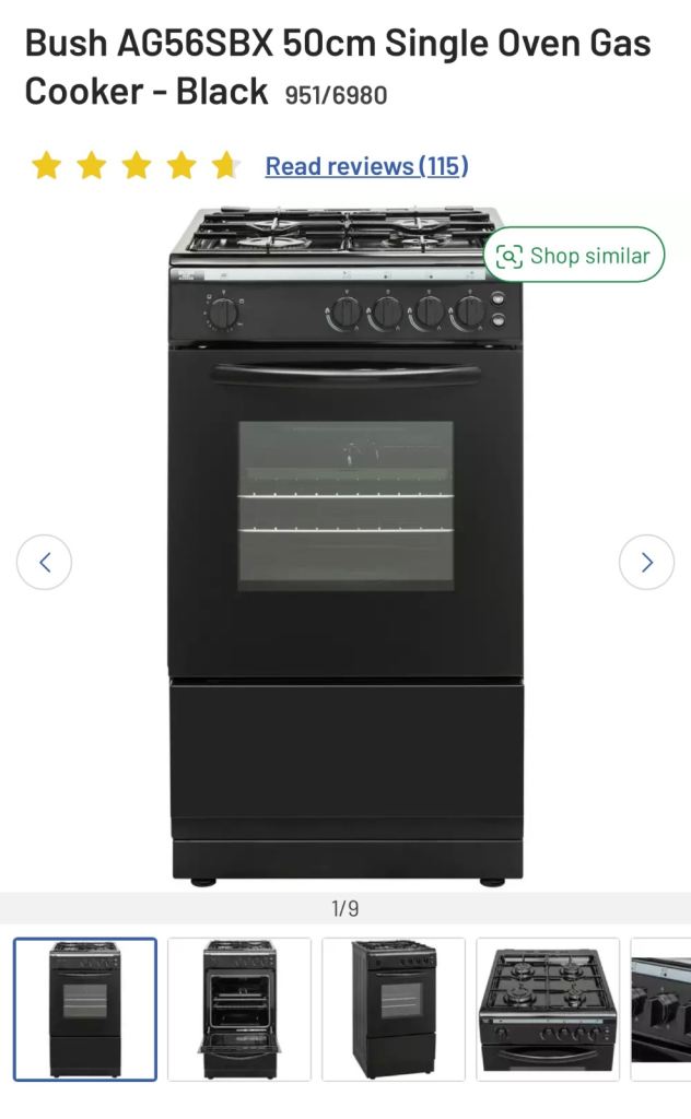 Bush AG56SBX 50cm Single Oven Gas Cooker - Black, £190.00 for Sale