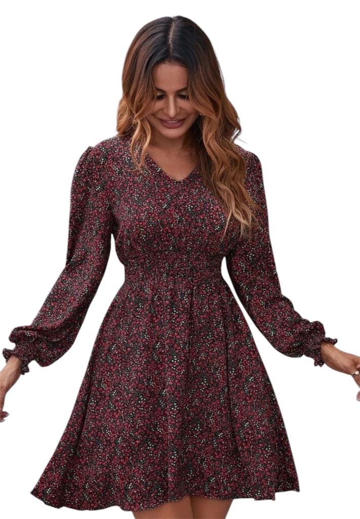 Womans Ditsy Floral Print Shirred A Line Dress V Neckline Size Large 12-14