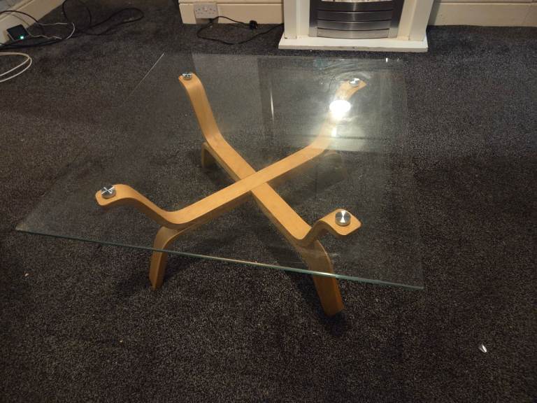 Glass Coffee Table with Wooden Base – Good Condition
