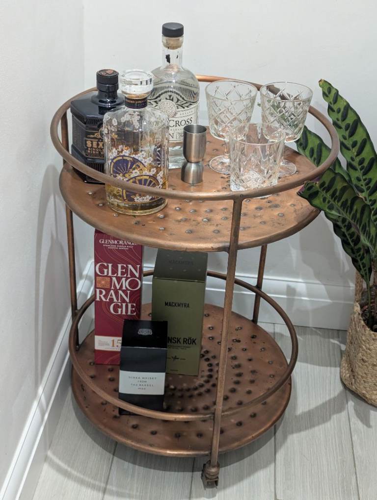 Rockett St George Industrial Drinks Trolley – Copper/Brass Metal Bar Cart