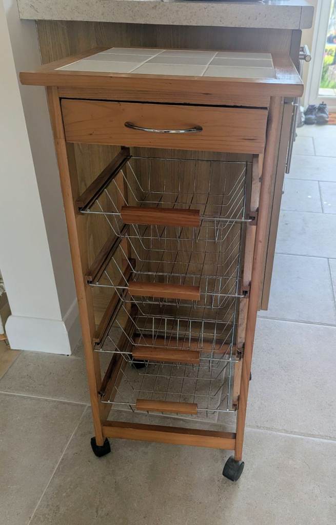 Wooden Kitchen Trolley on Wheels with Tiled Top and Drawers