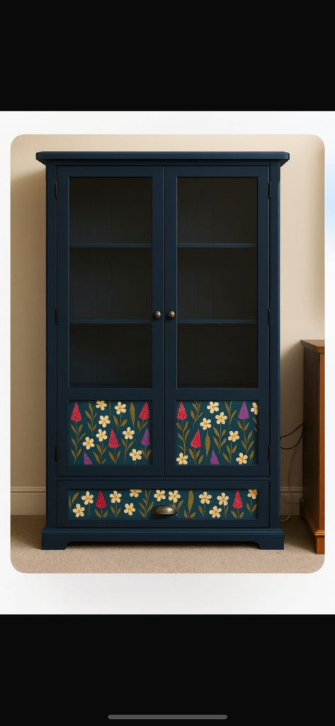 Refurbished Glass Display Cabinet – Royal Blue with Handcrafted Floral Detailing