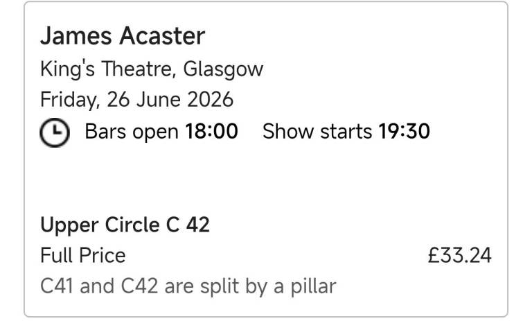 James Acaster King's Theatre Glasgow Ticket - June 2026