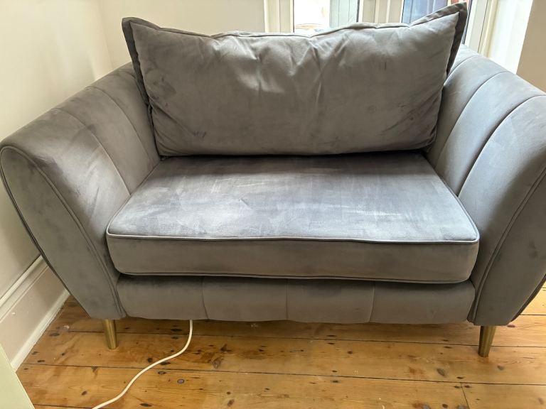 Comfy Grey Velvet love chair with Gold Legs