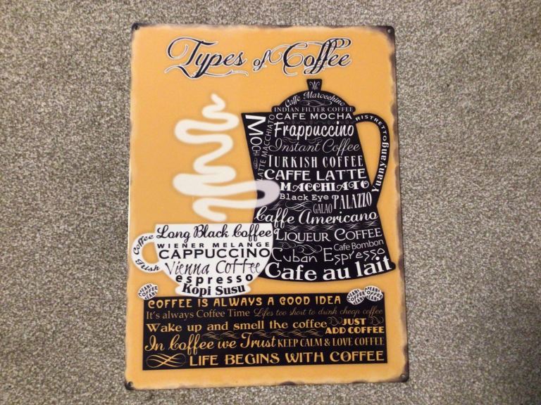 Fun 'Types of Coffee' Metal Wall Plaque / Sign