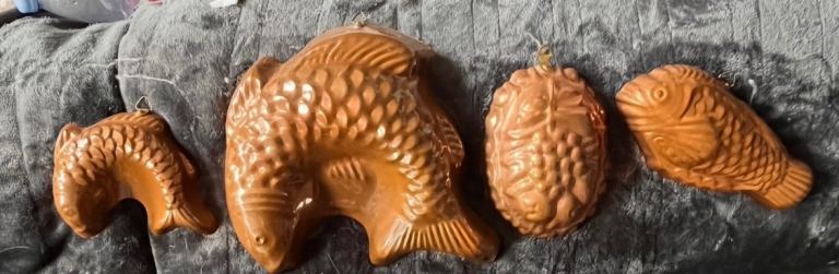 Set 4 Vintage Copral Copper Jelly Moulds | Fish Koi Carp & Grape | Retro Kitchen Decor