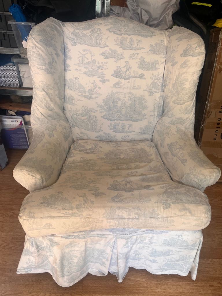 Cream Wingback Armchair with Blue Toile Pattern – FREE